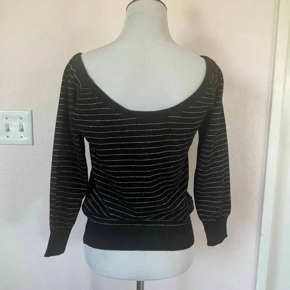 Vintage Jungle Paris Black Gold Metallic Stripe Boat Neck Sweater Size Small